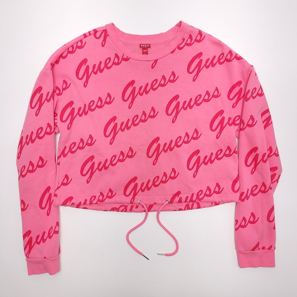 Guess Cropped Sweatshirt Womens‎ L Pink Crewneck Long Sleeve Logo Spellout